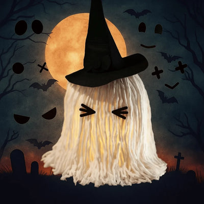 Luminous Halloween Hanging Ghost Light with Hat White Tassels Specter Ornaments DIY Expression LED Mop Head Desktop Decoration
