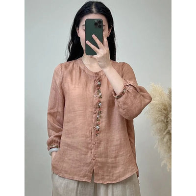 Shirt for Women Round Neck Embroidery Casual Versatile Loose Slimming 2025 Summer New Style Breathable Long Sleeves