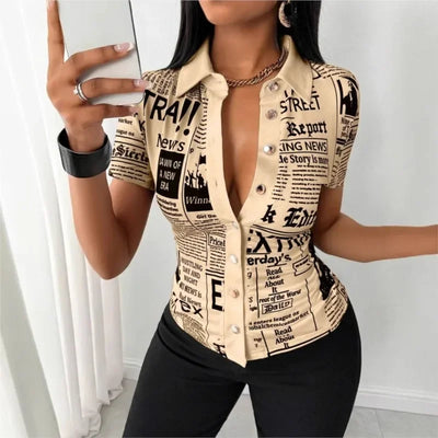 Women's Elegant Blouses Summer Fashion Newspaper Pattern Print Single Breasted Short Sleeve Women Shirt V-neck Casual Tops Shirt
