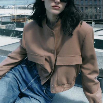 TRAF Women's Bomber Jacket Long Sleeve Coat with Pockets Retro Front Button Jacket Elegant High Street Jacket New Jacket Tops
