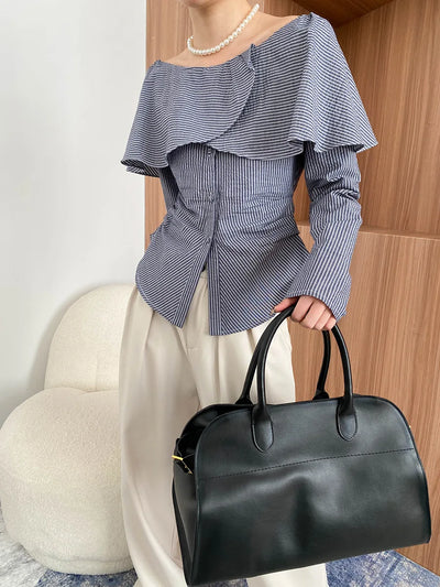 Spring women's casual striped ruffle collar long sleeved slim fit shirt