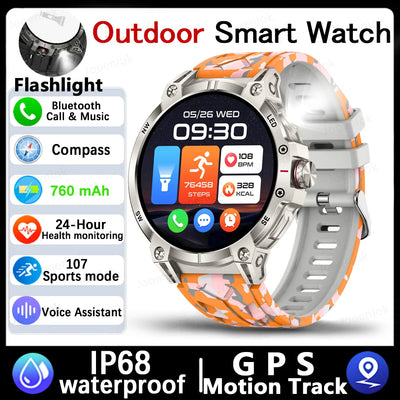 Military Smart Watch Men 760mAh Large Battery LED Flashlight Compass 1.8