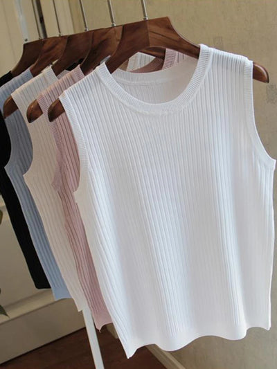 Korea Knitted Vests Women Top Summer Sleeveless Blouse Women O-neck Knitted Blouse Shirt Women Clothes Women Tops 2025