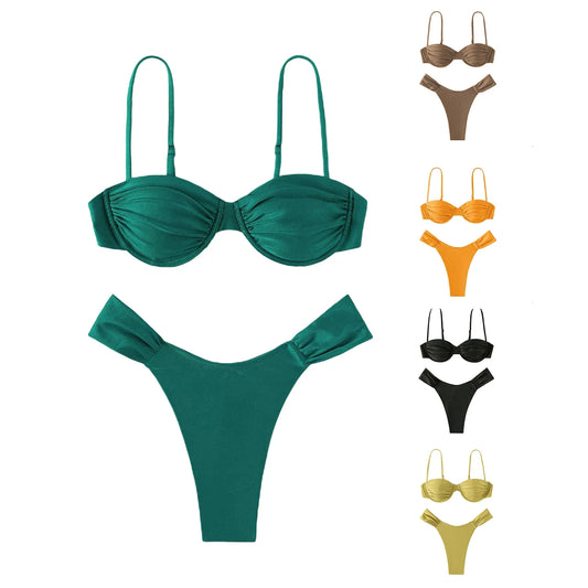 Meihuida Classics Basics Women Swim Bikini Suit, Solid Color Pleated Sleeveless Bra+ Shorts Briefs Swimwear Swimsuit