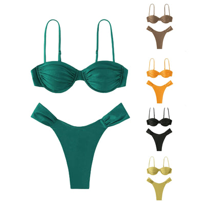Meihuida Classics Basics Women Swim Bikini Suit, Solid Color Pleated Sleeveless Bra+ Shorts Briefs Swimwear Swimsuit