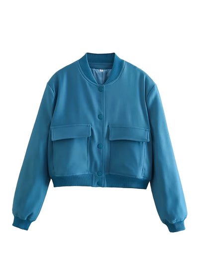 TRAF Women's Bomber Jacket Long Sleeve Coat with Pockets Retro Front Button Jacket Elegant High Street Jacket New Jacket Tops