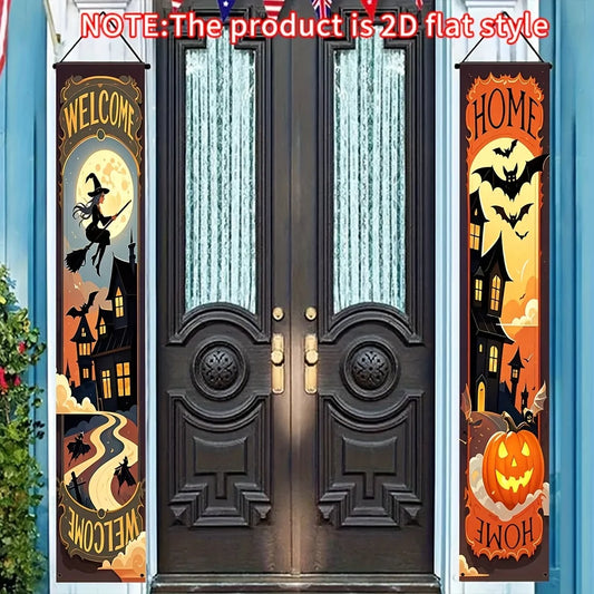 Two Halloween welcome signs - terrifying outdoor decorations featuring bats, witch hats and pumpkin lanterns