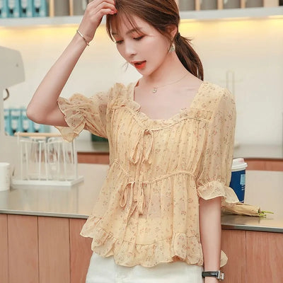 Camisas y blusas para mujer Top sencillo con volantes y estampado Nueva colección 2024 Moda coreana Novedades de verano con estilo Talla M