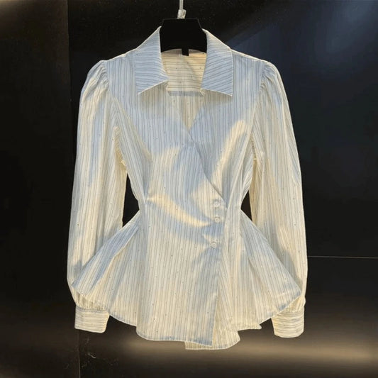 Shirt Tops Women Blouses Turn Down Collar Full Sleeve Striped Y2k Streetwear Elegant Splice High Waist Slim Work Top Shirts 2025