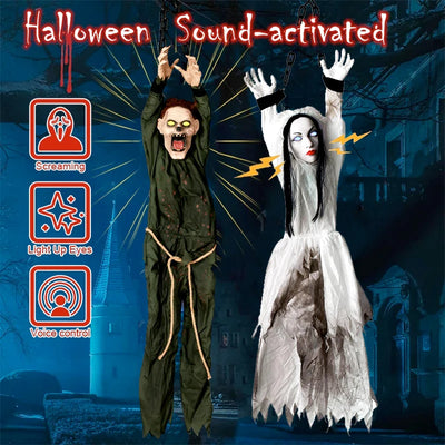 1PC Halloween Hanging Animated Decorations Talking Shaking Scary Clown with Chain Voice Control Outdoor Yard Haunted House Prop