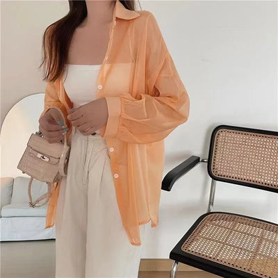Shirt for Women Blouse Long Sleeve Top Chiffon Summer Simple Sun-proof Fashion All-match Basic Korean Sexy Solid Casual Shirt