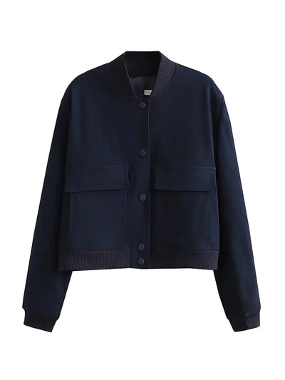 TRAF Women's Bomber Jacket Long Sleeve Coat with Pockets Retro Front Button Jacket Elegant High Street Jacket New Jacket Tops