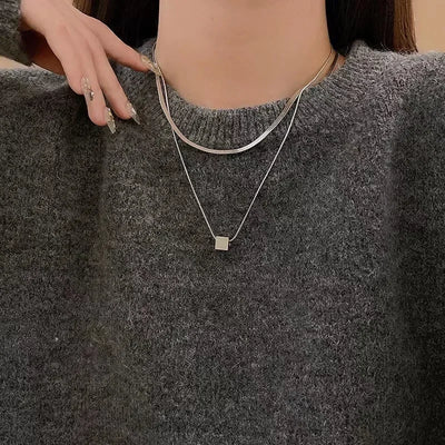 Double-layer small square round snake necklace women's high-end design sense clavicle chain