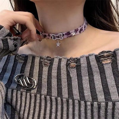 Plush Leopard Bone Necklace Choker Korean Kawaii Fashion Star Pendant Necklace Harajuku Sexy Y2K Choker for Women Jewelry Gift