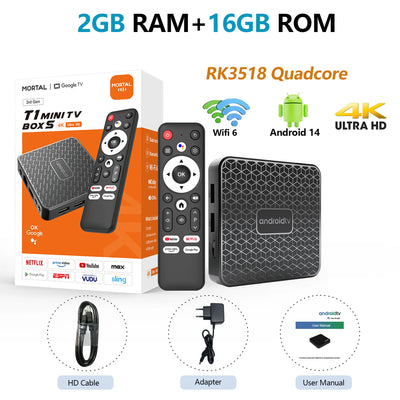 Smart TV box Factory Directly Android14 RK3518 Mortal T1 MINI Voice remote WiFi6 4K@60fps WiFi6 Blueooth 2GB16GB Streaming