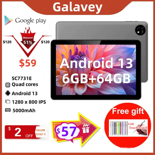 New 6GB RAM 64GB ROM Type-C 10.1" Android 13 Tablet 5000mAh 1280 x 800 IPS SC7731E Quad-Core CPU Dual Camera