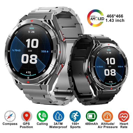 Smart Watch Men AMOLED HD Screen 466*466 Bluetooth Call GPS Posotion Compass Heart Rate Monitor 3ATM Waterproof Sport Smartwatch