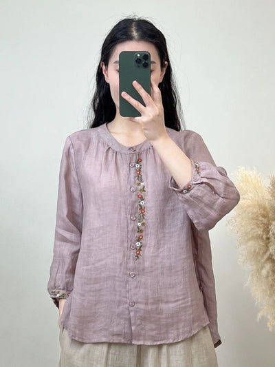 Shirt for Women Round Neck Embroidery Casual Versatile Loose Slimming 2025 Summer New Style Breathable Long Sleeves