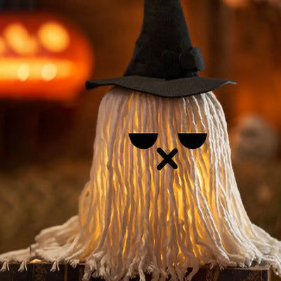 Luminous Halloween Hanging Ghost Light with Hat White Tassels Specter Ornaments DIY Expression LED Mop Head Desktop Decoration