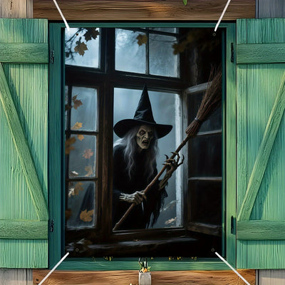 The Halloween party of the haunted house witch in the window, the witch wearing a hat and a broom emerging from the foggy window