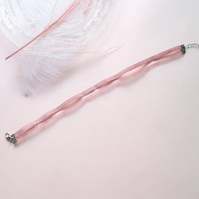 Fashion Choker Necklace For Women Lovely Pink Lace Pearl Heart Pendant Short Clavicle Necklace Aesthetic Jewelry Gift For Her