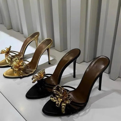 High-heeled Sandals for Women Fashion Pointed Head Shallow Mouth Crystal Flower Set Foot Anti-slip Wear Slippers