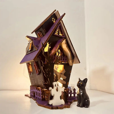 3D Wooden Halloween Puzzle DIY Haunted House Kit with Light-up Ghosts Halloween Party Centerpiece Interactive Decoration