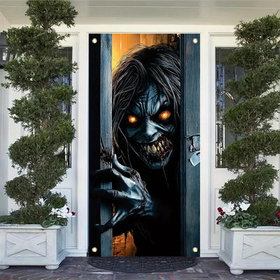 One Halloween door decoration, a terrifying zombie peeping banner, eerie monsters, a front door curtain, terrifying decorations
