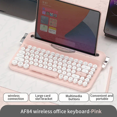 AJAZZ AF84 Wireless Bluetooth Keyboard 84 Keycaps Round Retro Keys Typewriter Office Keyboards W/ Bracket for IPad Membrane Use