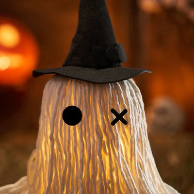 Luminous Halloween Hanging Ghost Light with Hat White Tassels Specter Ornaments DIY Expression LED Mop Head Desktop Decoration