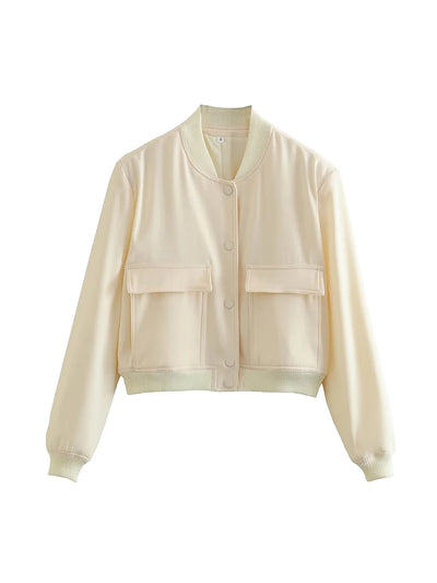 TRAF Women's Bomber Jacket Long Sleeve Coat with Pockets Retro Front Button Jacket Elegant High Street Jacket New Jacket Tops
