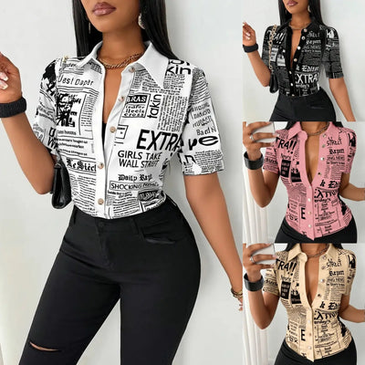 Women's Elegant Blouses Summer Fashion Newspaper Pattern Print Single Breasted Short Sleeve Women Shirt V-neck Casual Tops Shirt