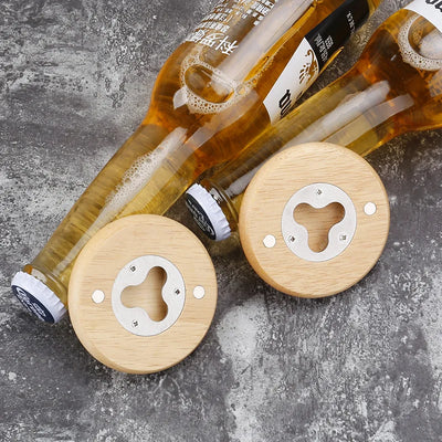 7cm Round Oak Wood Beer Bottle Opener with Magnetic Fridge Magnet, Personalised Logo for Promotion Wedding Gift