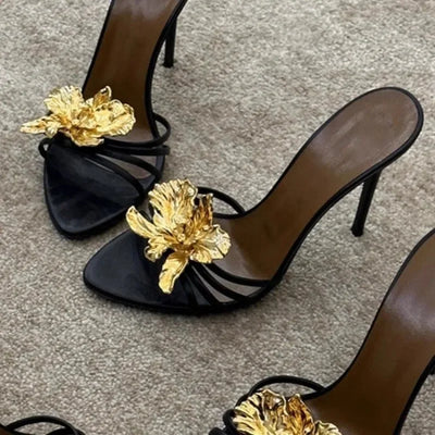High-heeled Sandals for Women Fashion Pointed Head Shallow Mouth Crystal Flower Set Foot Anti-slip Wear Slippers