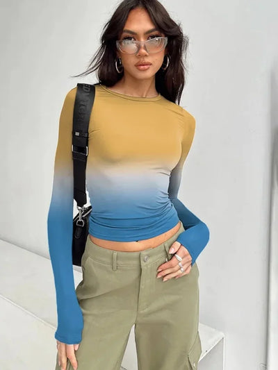Gradient Color T Shirts For Women Aesthetic Clothes Long Sleeve Crop Top Y2k Accessories O-neck Tshirt Slim Fit Ropa De Mujer