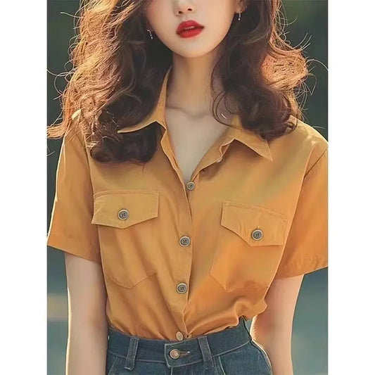 Popular Beautiful Unique Women Chic Retro High-end and Elegant Short-sleeved Shirt for Summer