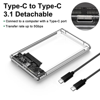 2.5'' External Hard Drive Enclosure USB 3.0 / 3.1 USB C to SATA III HDD Adapter 5Gbps Tool Free Clear External Hard Drive Case
