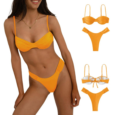 Meihuida Classics Basics Women Swim Bikini Suit, Solid Color Pleated Sleeveless Bra+ Shorts Briefs Swimwear Swimsuit