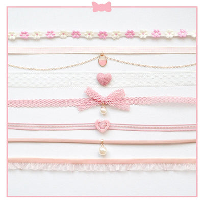 Fashion Choker Necklace For Women Lovely Pink Lace Pearl Heart Pendant Short Clavicle Necklace Aesthetic Jewelry Gift For Her