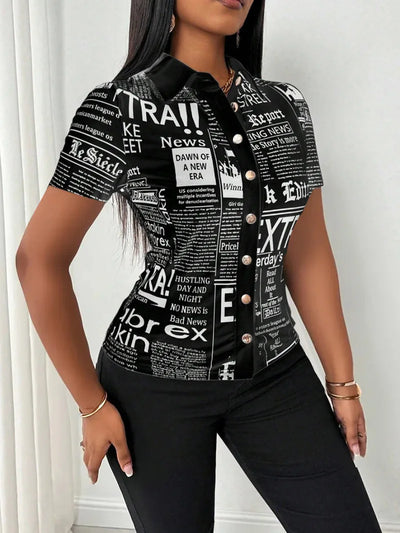 Women's Elegant Blouses Summer Fashion Newspaper Pattern Print Single Breasted Short Sleeve Women Shirt V-neck Casual Tops Shirt
