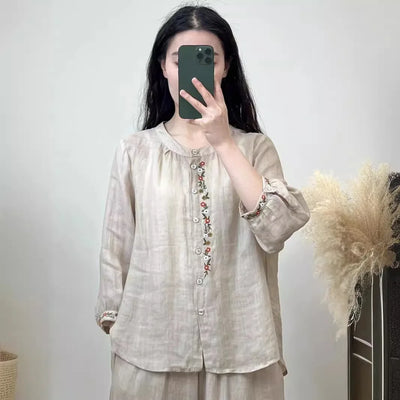Shirt for Women Round Neck Embroidery Casual Versatile Loose Slimming 2025 Summer New Style Breathable Long Sleeves