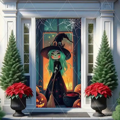Horror Halloween Theme Background Vertical Hanging Cloth Door Decoration Witch  Bat Backdrop Supplies Room Decor Props Kid Gifts