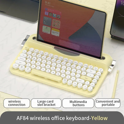 AJAZZ AF84 Wireless Bluetooth Keyboard 84 Keycaps Round Retro Keys Typewriter Office Keyboards W/ Bracket for IPad Membrane Use