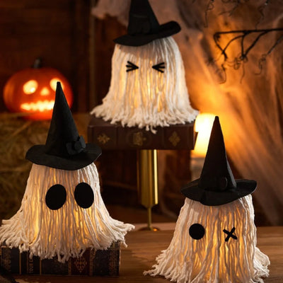 Luminous Halloween Hanging Ghost Light LED White Tassels Specter Ornaments with Hat DIY Expression Mop Head Desktop Decoration