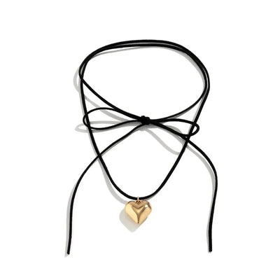 Adjustable Layered Heart Pendant Necklace Knotted Bowknot Rope Choker Neck Tie Chain Fashion Elegant Clavicle Necklace Jewelry