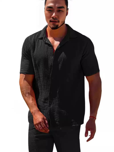 2025 Shirts  Summer Hot Selling Lapel Solid Color Short Sleeve Button Loose Breathable Sweat Absorption Men Casual Shirt Men