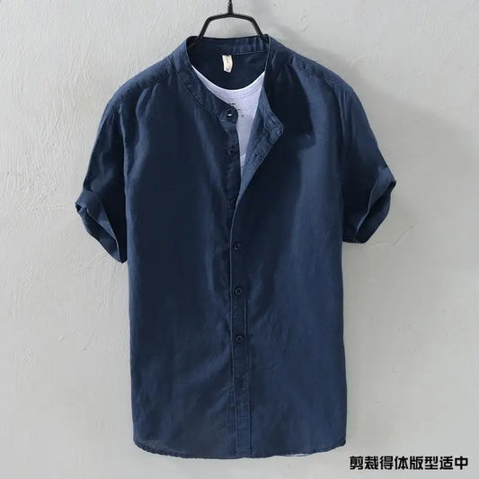 Short-sleeved Shirt Men's Stand Collar Loose Retro Thin Breathable Versatile Inch Clothes Dark Blue Cotton Linen Simple Casual