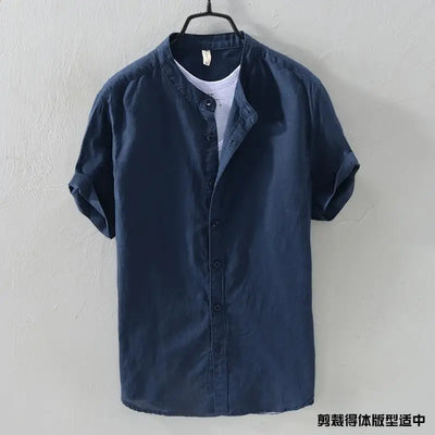 Short-sleeved Shirt Men's Stand Collar Loose Retro Thin Breathable Versatile Inch Clothes Dark Blue Cotton Linen Simple Casual