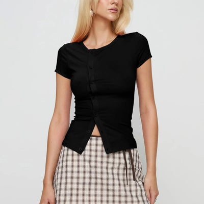 hirigin Women Solid Color T-shirt Crew Neck Short Sleeve Button Closure Slim Fit Crop Tops Summer Tops for Casual Daily