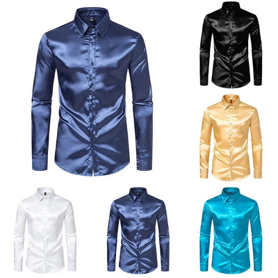 Elegant Satin Silk Men's Dress Shirt Slim Fit Long Sleeve Cocktail Party Luxury Button Down Casual Suit Shirt